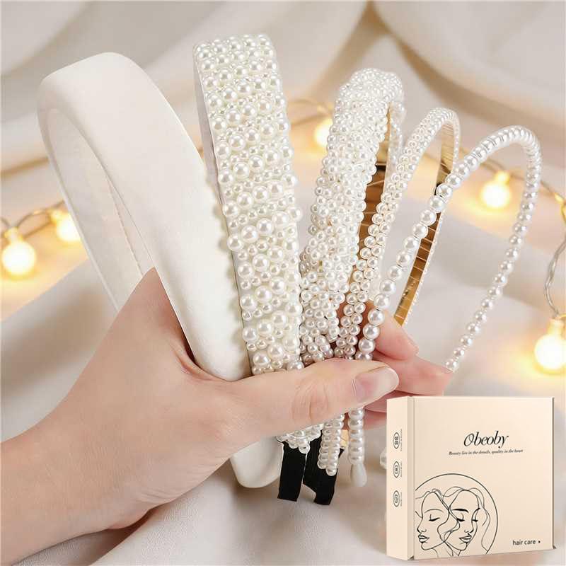 Obeoby White Wedding Bridal Headbands, 5Pack Pearl Headbands Rhinestones Bridal Wedding Party Shower Gifts Hair Accessories