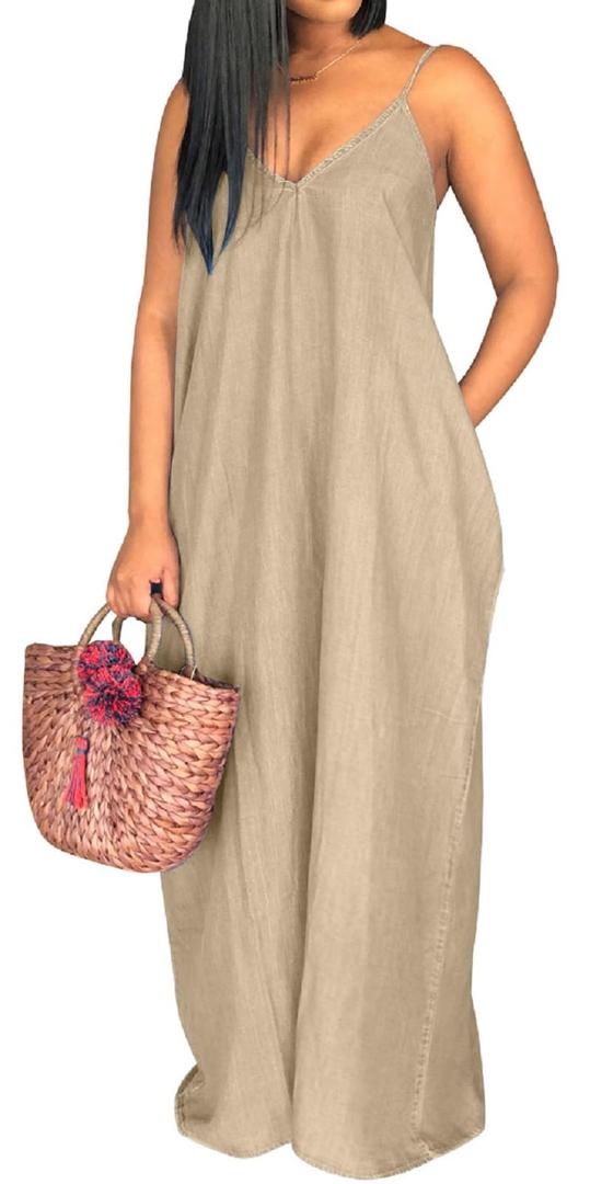 SeNight Women's Maxi Denim Dress Spaghetti Strap with Pockets Khaki, 3XL