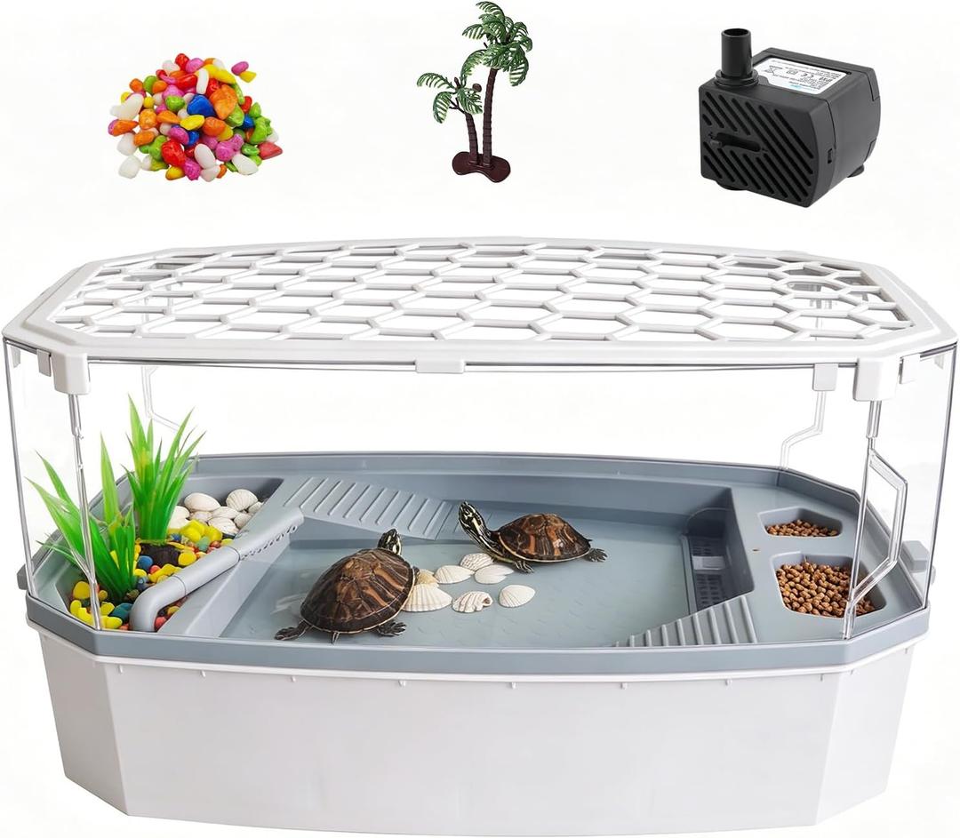 Turtle Tank Kit 6.5 Gal Escape-Proof with Basking Platform, Pump and Lid