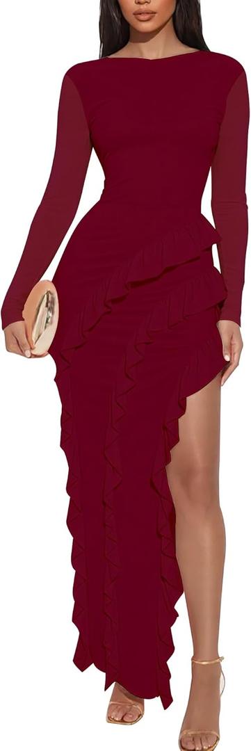HOCILLE Women's Sexy Boat Neck Bodycon Maxi Dresses Long Sleeve High Slit Ruffle Cocktail Party Dress, X-Large, Wine Red