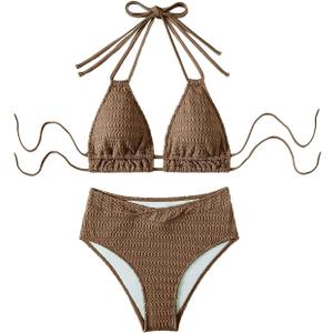 SweatyRocks Women's Two Piece High Waisted Bikini Sets Textured Halter Bathing Suit, Medium