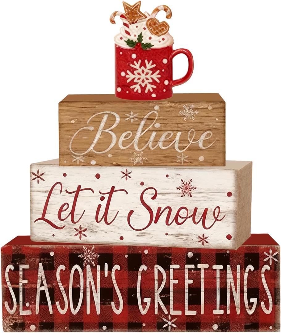 4 Pcs Christmas Decorations Indoor - Wooden Cocoa Table Decoration for Home - Christmas Centerpiece For Table - Winter Tiered Tray Decor Rustic Farmhouse Xmas Gift for Home Kitchen Mantel