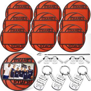 12 Set/36 Pcs Basketball Thanks Coach Gifts Set for Coach Wood Photo Picture Frame Basketball Appreciation Gift Set with Thank You Keychain Silver Whistle for Sport Instructor