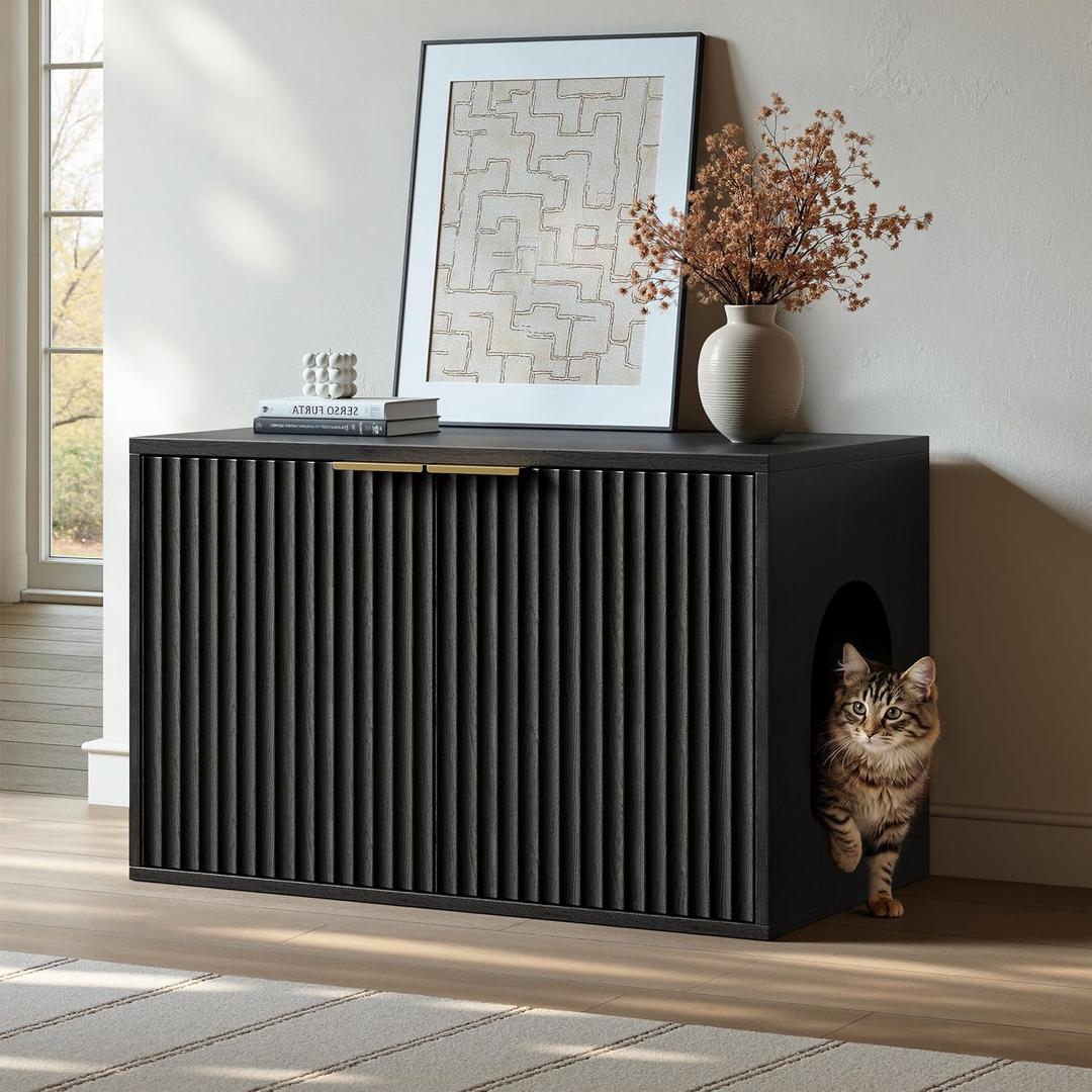 Evermagin 31.5" Cat Litter Box Enclosure Furniture | Black Hidden Litter Box Cabinet, Modern Indoor Cat House, Fluted Kitty End Table for Living Room, Bedroom, Entryway