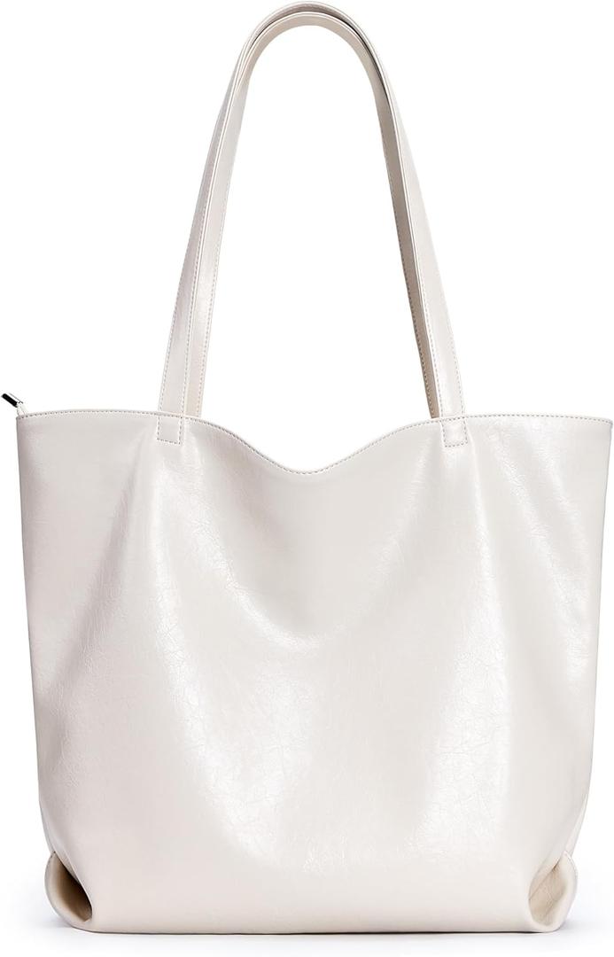 WLLWOO WLLWOO Soft PU Leather Tote Bag for Women Large Casual Hobo Handbags with Zipper Shoulder Work Bag Travel Purse (Off White-crack Pattern)