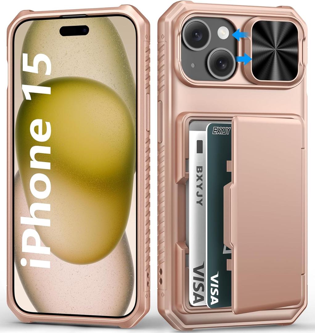 BXYJY for iPhone 15, iPhone 14, iPhone 13 Wallet Case with Card Holder(4-5 Cards), Slide Camera Cover, Military Drop Protection & RFID Block, Women Girly Men Phone Case for iPhone 15/14/13, Rose Gold