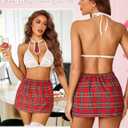 Avidlove Sexy Lingerie Set for Women Plaid Mini Skirt Outfit with Thong Set 4 Piece (XX-Large, B-white)