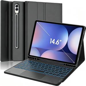 Backlit Touchpad Keyboard Case for Galaxy Tab S10 Ultra/S9 Ultra/S8 Ultra 14.6 Inch with S Pen Holder, PU Leather Stand Cover with Backlight Bluetooth Keyboard for Tab S10 Ultra/S9 Ultra, Black