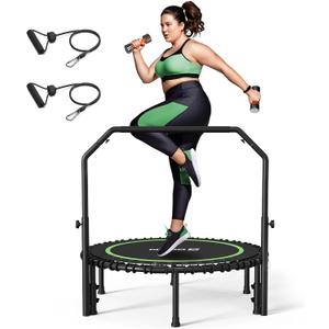 BCAN 40"/48" Foldable Mini Trampoline with Resistance Band, 450 LBS Adult Fitness Trampoline with Bungees, U Shape Adjustable Foam Handle, Stable & Quiet Indoor/Garden