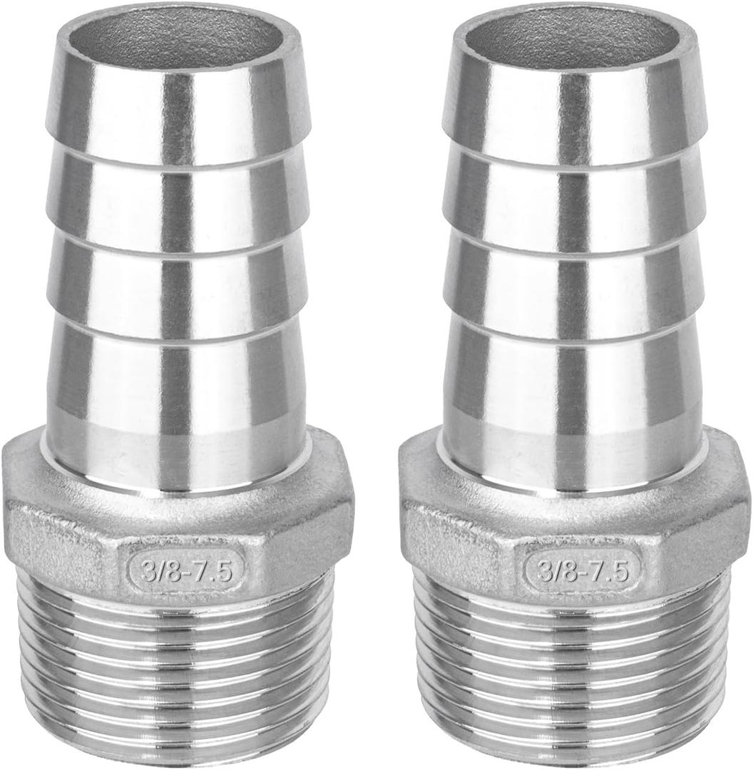 2 x 304 Stainless Steel Hose Barb Fitting, 1/4" Hose Barb x 3/8" NPT Male Adaptor for Water Fuel Air 2PCS