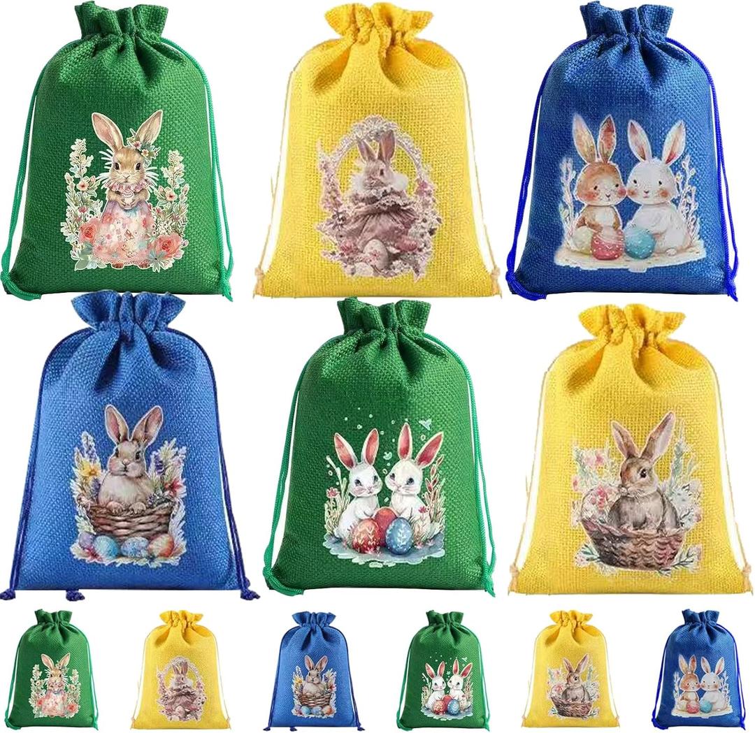 12 Pcs Easter Bunny Gift Bag with Drawstring, Easter Bags Burlap, Party Favor Birthday Decoration Reusable Rabbit Linen Goody Gift Bags with Double Jute Drawstrings, Treat Goodie Bag for Some Bunny Is One Easter Baby Shower Candy Garden Tea Party, 5x7 inch
