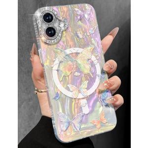 Toycamp for iPhone 16 Case - Compatible with Magsafe Aesthetic Cute Colored Butterfly Laser Holographic i 16 Case with Diamond Bling Lens Protector for Apple 16 Cover for Women Girls
