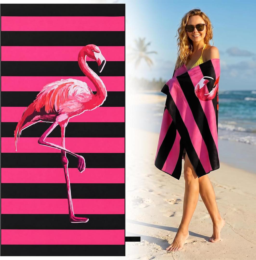 MelonBoat Oversized Beach Towel for Women Adults, Black Pink Flamingo Double Sided Printed Towel 1 PC, Large Soft Sand Free Quick Dry Compact Towels for Summer Trip Lake Pool Beach Bath, 35"x72"