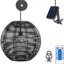 Ranttan Outdoor Chandelier, 12" Outdoor Pendant Lights Rattan Solar Hanging Lights Large Rattan Ceiling Light with Remote 4 Modes Lighting Waterproof Lighted for Garden Porch Patio Kitchen, Black