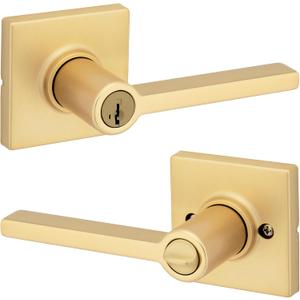 Kwikset Casey Entry Door Handle with Lock and Key, Secure Keyed Reversible Lever Exterior, Doorlock, for Front Entrance and Bedrooms, Satin Brass, Pick Resistant Smartkey Rekey Security