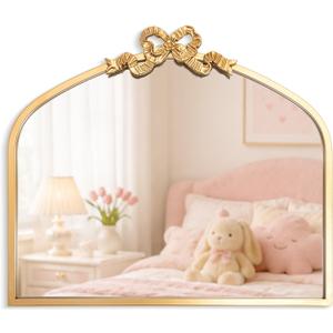 Vercraft Gold Bow Mirror 24” x 28” Vintage Arched Vanity Wall Decorative Mirror with Metal Frame Antique Baroque Bow Decor for Home Dressing Table Entryway Bathroom Hallway Living Room