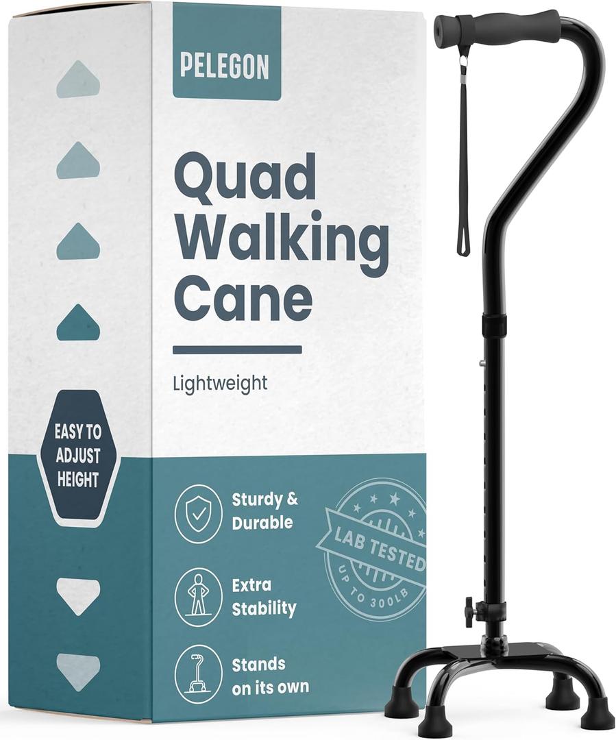 Quad Cane (300 lb) - Adjustable Walking Cane with A Large 4 Pronged Base for Extra Balance & Stability, Walking Canes for Seniors, Walking Cane for Men & Women, Walking Sticks (Black)
