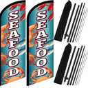 8.2 ft Seafood Advertising Swooper Flag Banners Kit Seafood Feather Flags Sign with Pole and Ground Stake Outdoor Business Advertising for Markets Fishing Wharves Spots Food Festivals Events