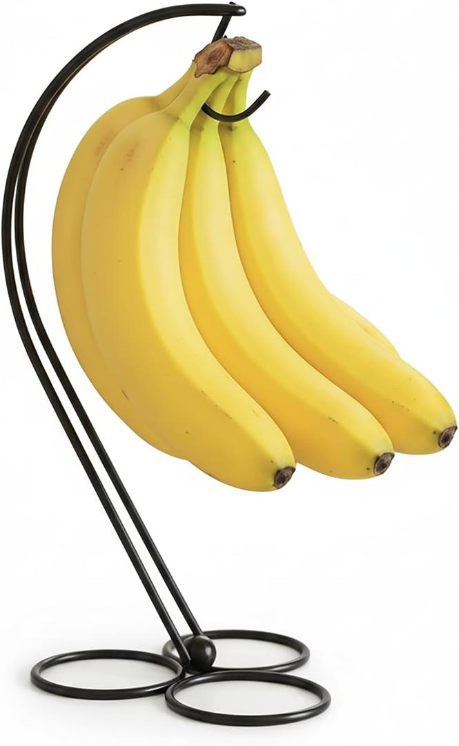 BNYD Banana Holder Stand for Kitchen Counter, Black Banana Hanger with Hook, Fruit Basket Accessory, Hanging Banana Tree, Countertop Banana Rack