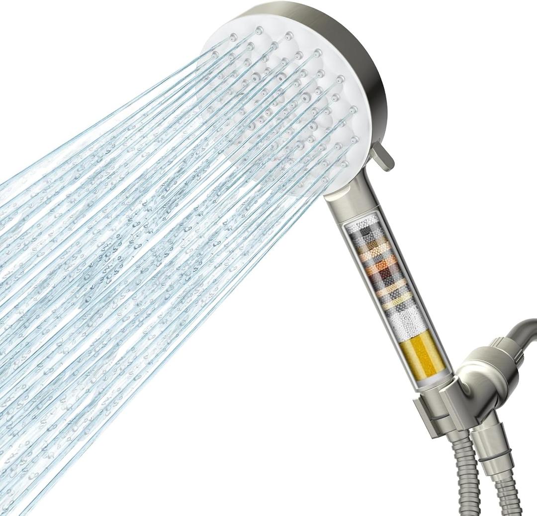 Filtered Shower Head with Handheld,High Pressure 6 Spray Mode Showerhead with Filters,Detachable Shower Head, Water Softener Filters Beads for Hard Water -Remove Chlorine (Brushed Nickel)
