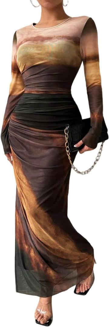 LIGHT DOT Women's Printed Bodycon Maxi Dress Long Sleeve Tie Dye Mesh Layered Dress (Brown, XL)
