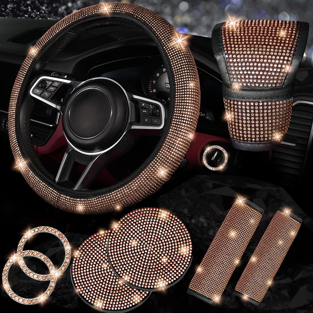 NBTEPEM 8 pcs Bling Car Accessories Set for Women, Steering Wheel Cover, Sparkly Seat Belt Covers, Bling Gear Shift Cover, Universal Fit Most Cars (Gold Champagne Diamond)