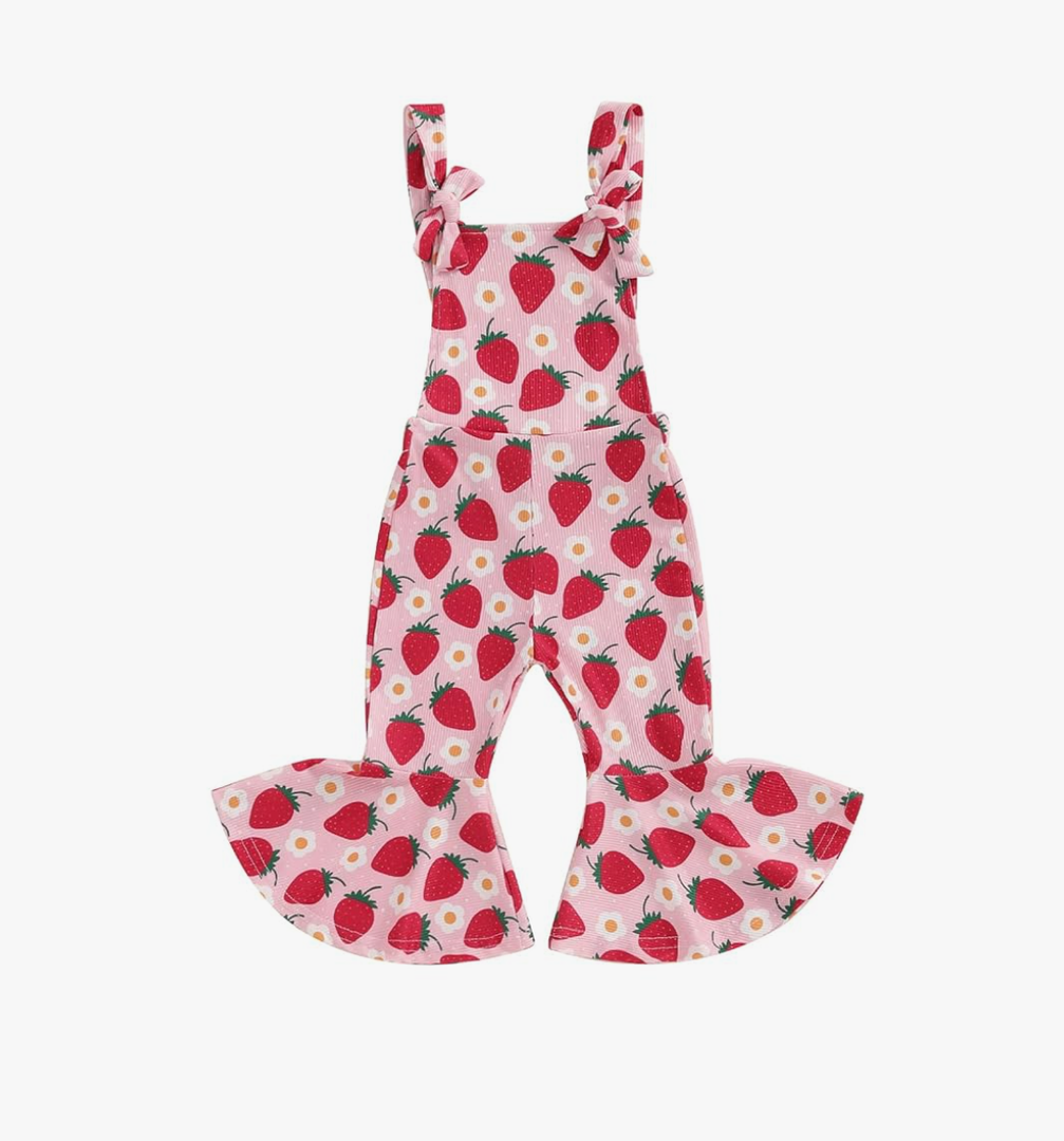 Emmababy Toddler Floral Flare Leg Jumpsuit Baby Girl Bell Bottom Romper Strawberry Suspender Overall Kids Sleeveless Playsuit 6-12M