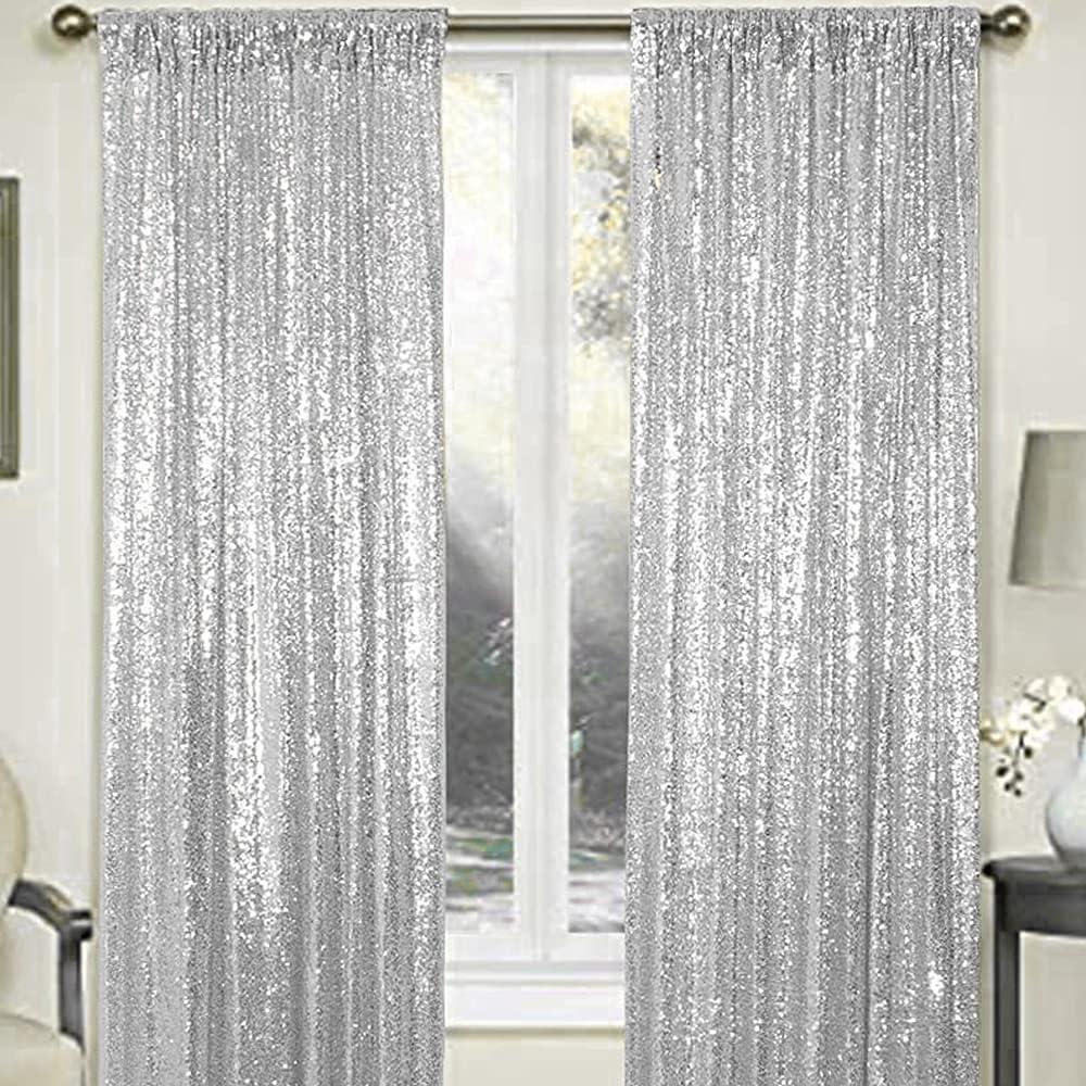 Silver Sequin Backdrop Curtains - 2 Panel 2FTx8FT Glitter Drapes for Wedding, Birthday, Bridal Party