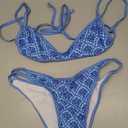 MakeMeChic Women's Boho Micro Thong Bikini Sets Cheetah Gingham High Cut Sexy Cute Bathing Suit Swimsuit Blue Medium