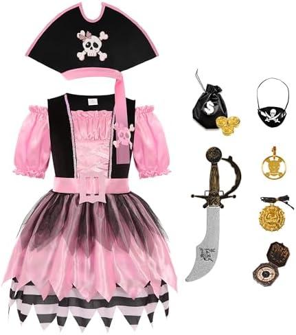 Cuteshower Girls Pirate Costumes for Kids Sea Buccaneer Costume Pink Pirate Dress Halloween Cosplay Party Size XL