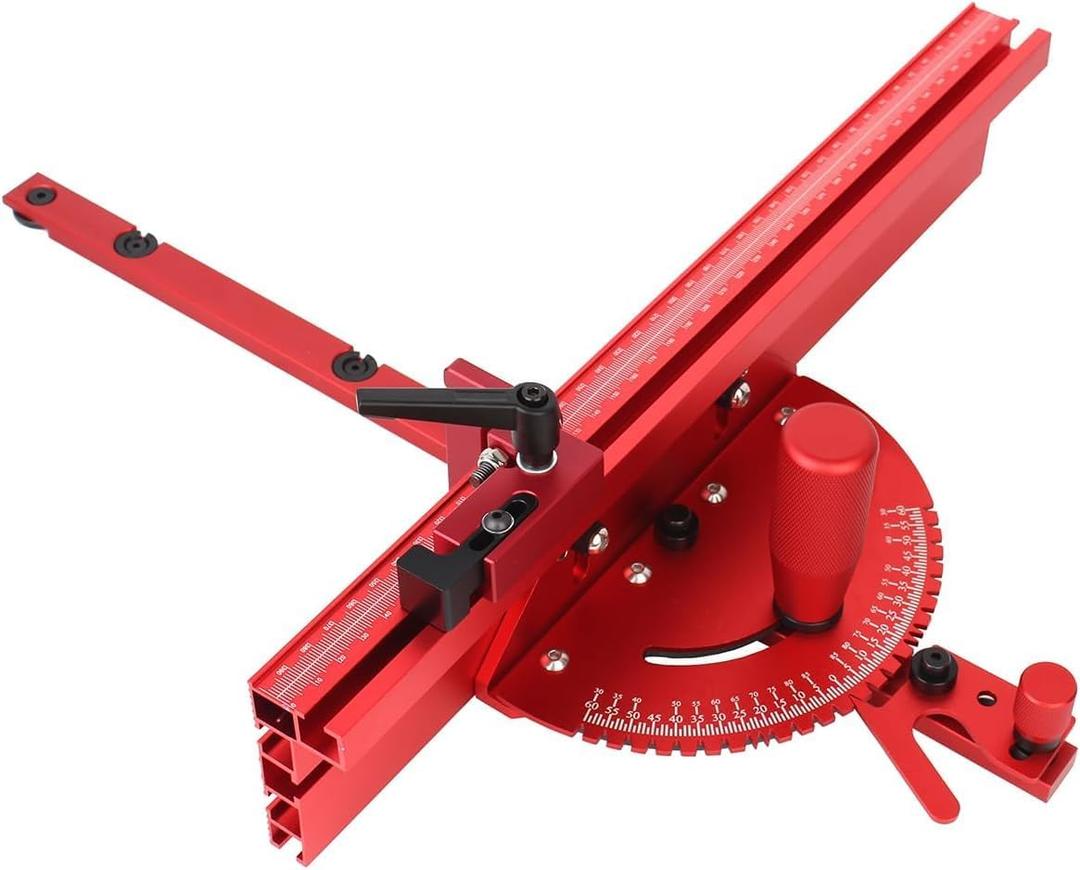 Aluminum Table Saw Precision Miter Gauge Works w/Table Saws, Band Saw and Router Table, Includes Multi TTrack Fence w/Scale, T-track Flip Stop(Red)