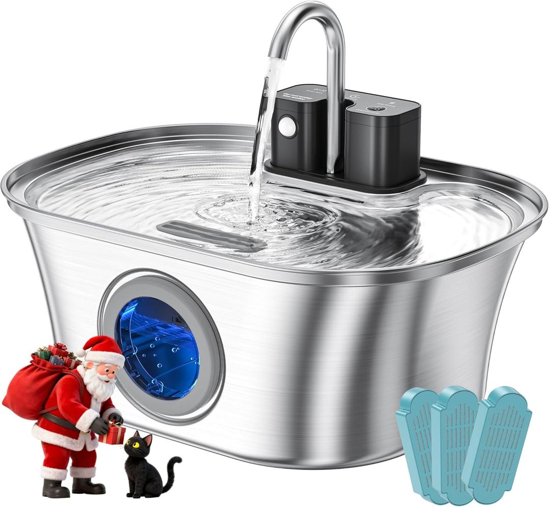 Wireless Stainless Steel Cat Water Fountain 108oz/3.2L – Cordless Battery Operated Pet Water Dispenser with Motion Sensor, Quiet Pump & Multi-Stage Filtration for Cats and Dogs