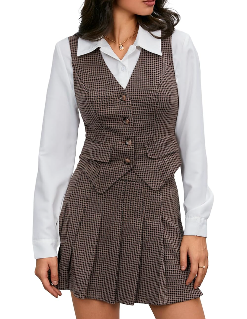 Milumia Women's 2 Piece Outfit Plaid Vest Blazer and Pleated Skirt Suit Sets, Size XL