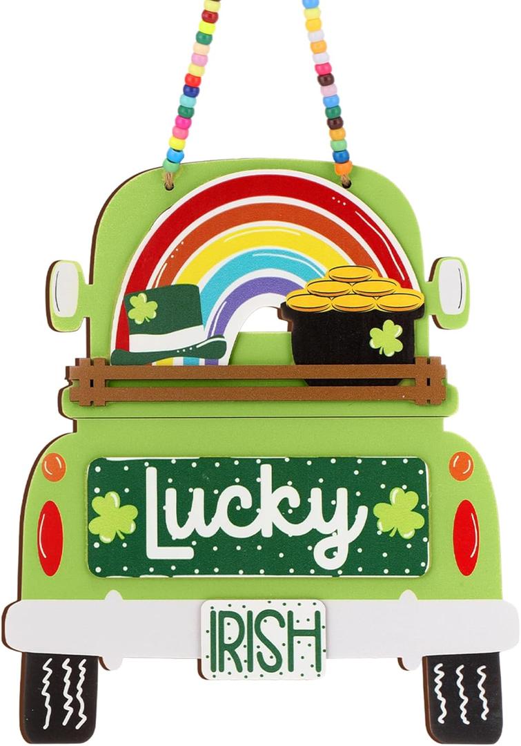 Geelin St. Patrick's Day Wooden Sign for Front Door Hanging Shamrock Truck Sign Colorful Farmhouse Seasonal Door Wreath for Home Indoor Outdoor Wall Window Shop Decoration