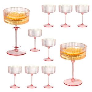 XUWAIDSGN 12 Pcs Champagne Martini Glasses 9 Oz with Gilded Removable Gold Rim Coupe Glasses Pink Martini Glasses Plastic Mimosa Vintage Coupe Glasses Set For Wedding Anniversary (12, Ribbed Pink)