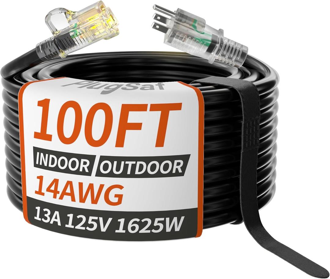 14/3 Gauge Black Outdoor Extension Cord 100 ft Waterproof with Lighted Indicator, Cold Weatherproof -40C, Flexible 3 Prong Long Extension Cord Outside,13A 1625W 14AWG SJTW, ETL Listed