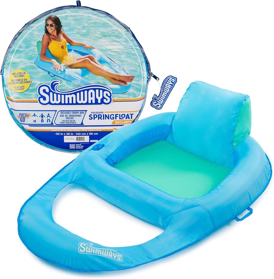 SwimWays Spring Float Premium Recliner Pool Lounger, Inflatable Pool Floats Adult with Fast Inflation for Ages 15 & Up, Sky Blue