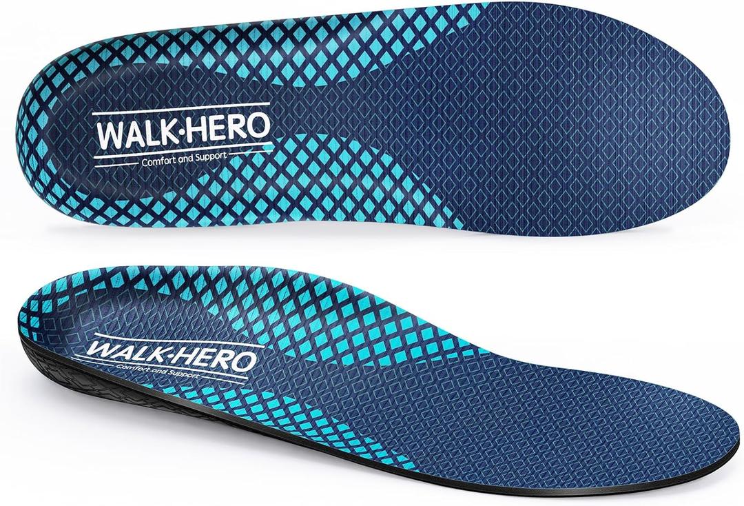 Walkhero Plantar Fasciitis Pain Relief Insoles High Arch Support Orthotic Shoes Inserts, Relieve Flat Feet and Foot Fatigue (Mens 7-7 1/2 | Womens 9-9 1/2, Blue Gray)