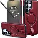 for Samsung Galaxy S26 Ultra Case Leather with Stand, Anti-Slip Grip Ring, Fits for MagSafe (Burgundy, S26 Ultra)