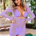 HUUSA Swimsuits Coverups for Women Long Sleeve Bathing Suit Cover Up Drawstring Mesh Sheer Dress 2025 Trendy (Purple, L)