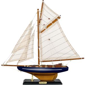 SAILINGSTORY Wooden Sailboat Decor Ship Model Yacht Classic America's Cup Racer Columbia 1901 Replica, Navy