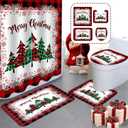 MEHOFOND 4pcs Christmas Shower Curtain Sets Merry Christmas Shower Curtain Set Red Buffalo Plaid Bathroom Sets with Shower Curtain and Rugs Toilet Lid Cover and U Shape Mat Washable 72"x72"