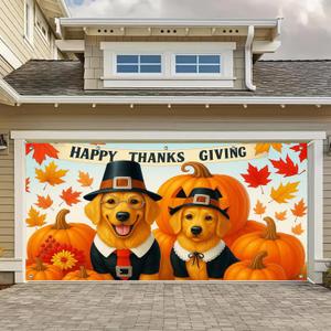 Thanksgiving Garage Door Banner 13x6ft Golden Retrievers Pumpkins Theme Backdrop SeasonalDecor Fall Door Cover Banners for Outside Garage Wall Covering for Party Garage Decorations