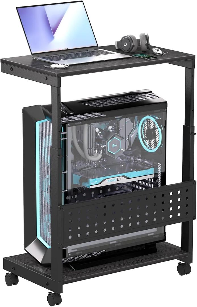 Computer Tower Stand/PC Tower Stand with Wheels, Dual Tier & 5-Level Adjustable CPU Holder Cart (23.2-33.5") Under Desk Floor PC Stand for Gaming & Home Office [Black]