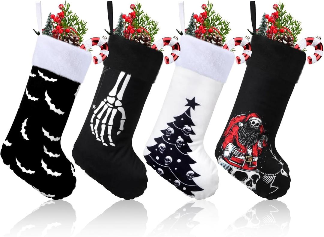 Realspring 4 Pcs Black Christmas Stockings Black and White Goth Christmas Stockings with Plush Cuff Classic Fireplace Hanging Ornament Family Holiday Party Decoration