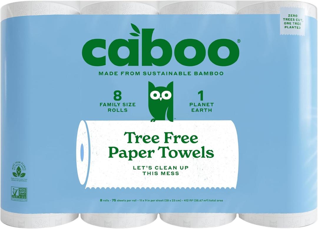 Caboo Tree Free Paper Towels, 8 Rolls, Earth Friendly Sustainable Kitchen Paper Towels with Strong 2 Ply (8 Count (Pack of 1), White)