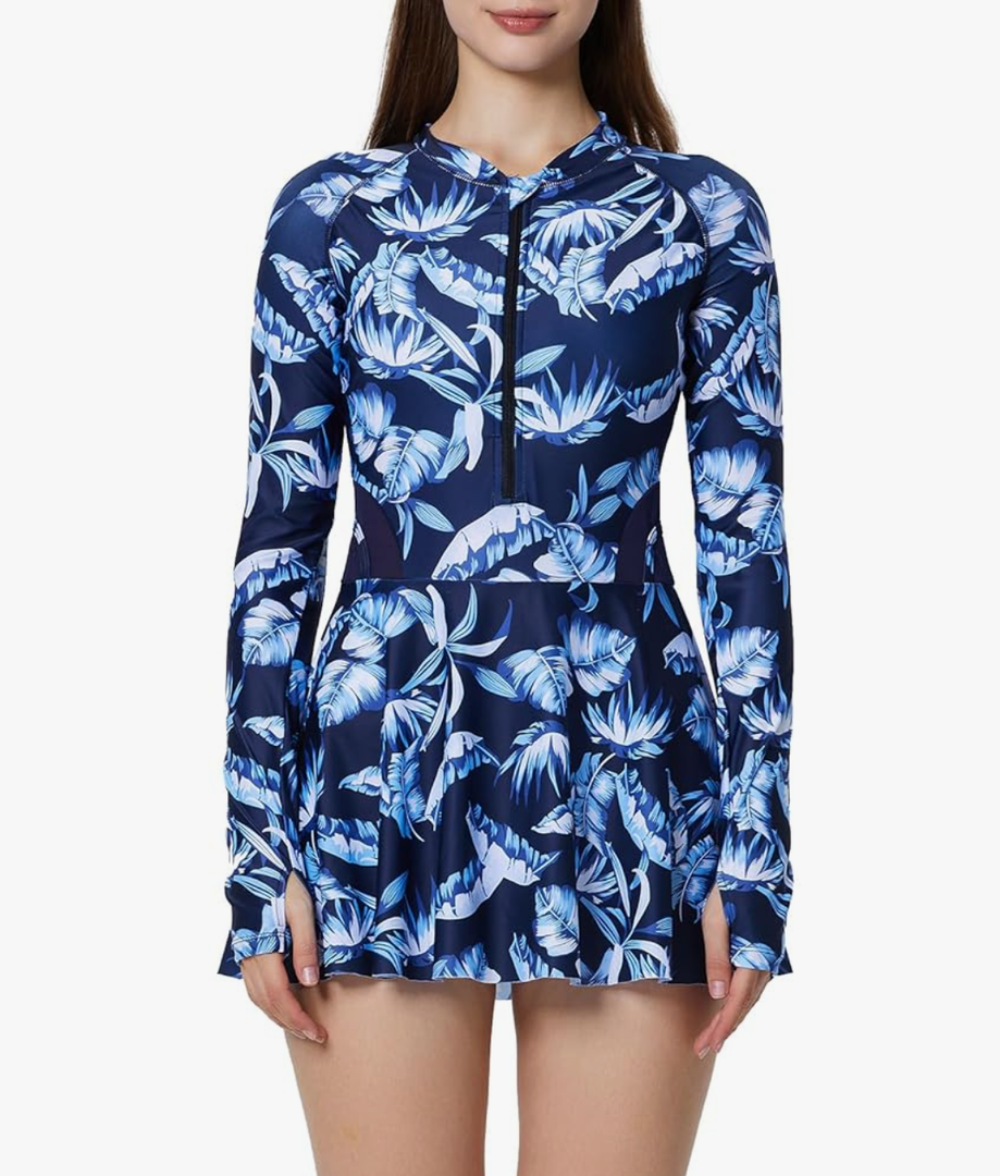 ECUPPER Women Long Sleeve Swim Dress Rash Guard Zip Front One Piece Swimsuits Modest Surfing Skirt Bathing Suit with Shorts XL