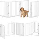 Vantas Folding No-Assembly Metal Pet Gate 80" Wide, 24" Extra Tall Dog Gate with Door Walk Through, Freestanding Accordion Puppy Gate Dog Door for Indoor & Outdoor, with 2PCS Support - White