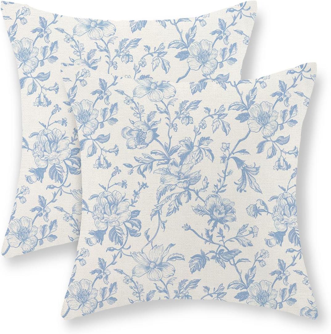 Baby Blue Floral Pillow Covers 24x24 Set of 2 Vintage Rustic Toile Chinoiserie Floral Throw Pillows Blue and Cream Flower Decorative Pillowcase Outdoor Decor Linen Cushion Case for Couch Sofa