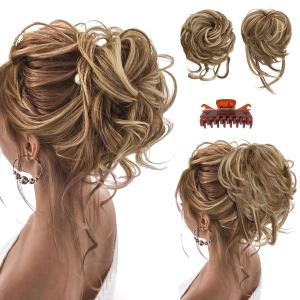SARLA 2PCS Messy Bun Hair Pieces for Women Detachable Claw Clip Wavy Curly Synthetic Hairpieces for Updos with Tendrils Fake Scrunchies Ponytail Extension Bernstein Multi